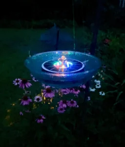 hanging solar water fountain: green blue holographic sparkle bowl